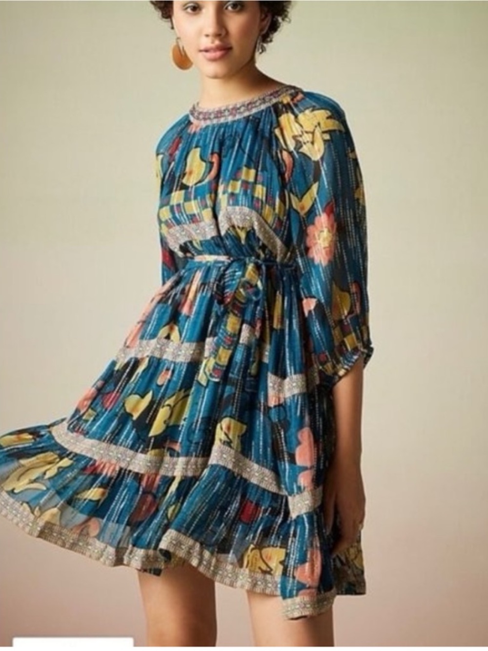 Teal Floral Pleated Mini Dress with Smocked Waist